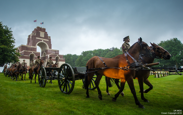 Kings Troop Royal Horse Artillery arrive at Thiepval Memorial. Rehearsals are under way today ahead of events commemorating the 100th anniversary of the Battle of the Somme. Hundreds of troops in both the UK and France will be taking part in vigils, parades and services tomorrow (Friday 1 July 2016) to mark the centenary of the conflict. Tri-Service personnel will be joining colleagues from other nations to pay tribute to the thousands who died in the 141-day battle. A service will be held tonight at Westminster Abbey in London, followed by a vigil made up of almost 100 Armed Forces personnel which will continue throughout the night until 7.30am on Friday – the exact moment troops went over the top at the Somme. In France, a similar vigil is taking place overnight at the Thiepval Memorial. The vigil is made up of a British tri-Service contingent, plus troops from other participating nations including Germany, France and other Commonwealth countries. Photographer: Sergeant Rupert Frere RLC