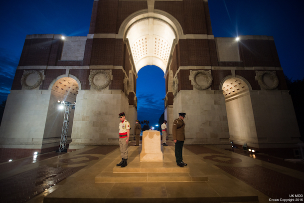 Almost 100 years since the start of the Somme offensive, members of the Armed Forces have begun standing vigil in the UK and France in honour of the war dead. In France, a vigil is taking place overnight at the Thiepval Memorial. The vigil is made up of a British tri-Service contingent, plus troops from other participating nations including Germany, France and other Commonwealth countries. Photographer: Sergeant Rupert Frere RLC