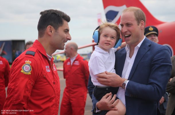 Officers from the Royal Air Force Aerobatic Team, the Red Arrows, had the privilege of meeting the Duke and Duchess of Cambridge with Prince George today (July 7). The Duke and Duchess were visiting the Royal International Air Tattoo, Gloucestershire, where the Red Arrows are displaying. At the airshow, the Duke of Cambridge was given a tour of the Hawk T1, used by the Red Arrows, by Squadron Leader David Montenegro - Team Leader and Red 1. Prince George also got to sit in the world-famous jet.