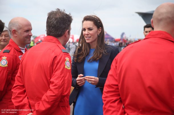 Officers from the Royal Air Force Aerobatic Team, the Red Arrows, had the privilege of meeting the Duke and Duchess of Cambridge with Prince George today (July 7). The Duke and Duchess were visiting the Royal International Air Tattoo, Gloucestershire, where the Red Arrows are displaying. At the airshow, the Duke of Cambridge was given a tour of the Hawk T1, used by the Red Arrows, by Squadron Leader David Montenegro - Team Leader and Red 1. Prince George also got to sit in the world-famous jet.