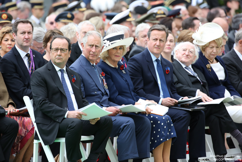 Thiepval Service Concludes – Fri 1 Jul 2016 Image shows the British and French Prime Ministers along with HRH the Prince of Wales and the Duchess of Cornwall. Members of the Royal Family have joined the Prime Minister and representatives of allies and former enemies, together with hundreds of Armed Forces personnel and 10,000 guests to mark the centenary of the Battle of the Somme at an international service of commemoration in France.Representatives of all the regiments that took part in the conflict 100 years ago attended the service at the Thiepval Memorial along with a Guard of Honour from the Irish Guards and guns of the King’s Troop Royal Horse Artillery.Servicemen and women took part in the service, reading moving accounts of the battle from those who went over the top on the 1 July 1916.The King’s Troop Royal Horse Artillery fired their guns to mark the end of a period of silence, and wreaths were laid at the Cross of Sacrifice.The guns are 13 Pounder Quick Fire guns, and saw service in the First World War. art in commemorative services in both Thiepval and Manchester.