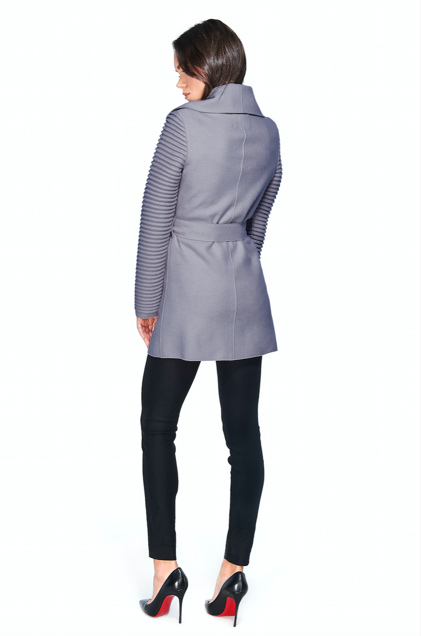 wrap coat with ribbed sleeves