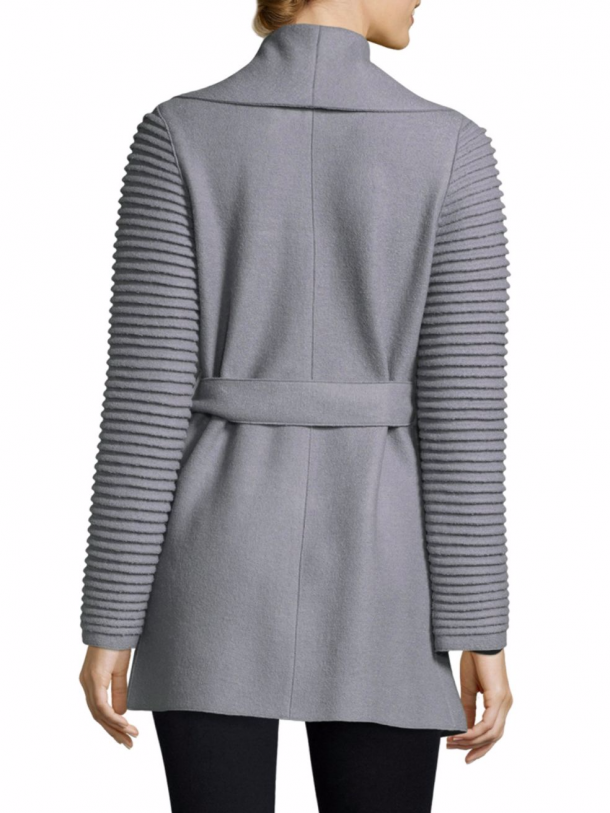 wrap coat with ribbed sleeves