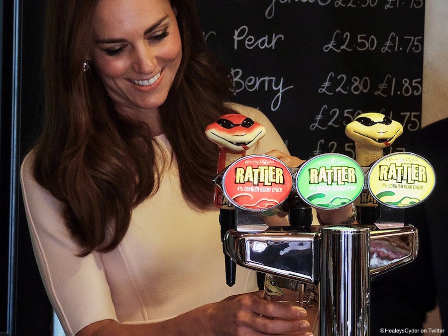 Kate Middleton visiting Healy's Cyder Farm and pulling a pint of Rattler