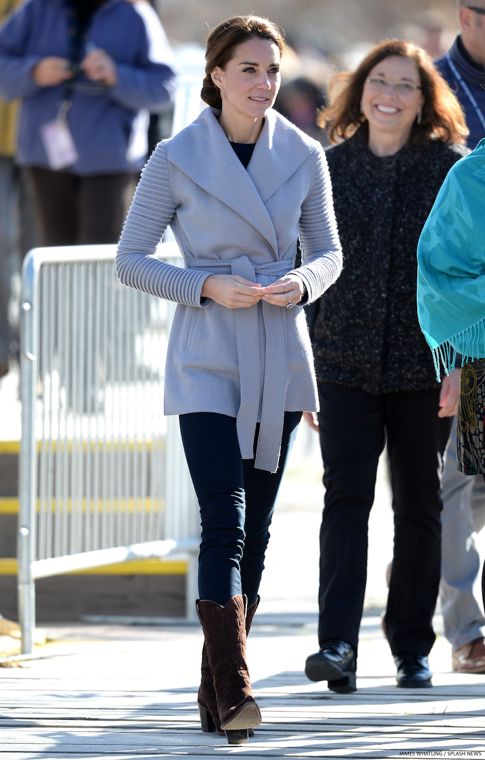 Kate Middleton wears a grey wrap coat in Yukon, Canada