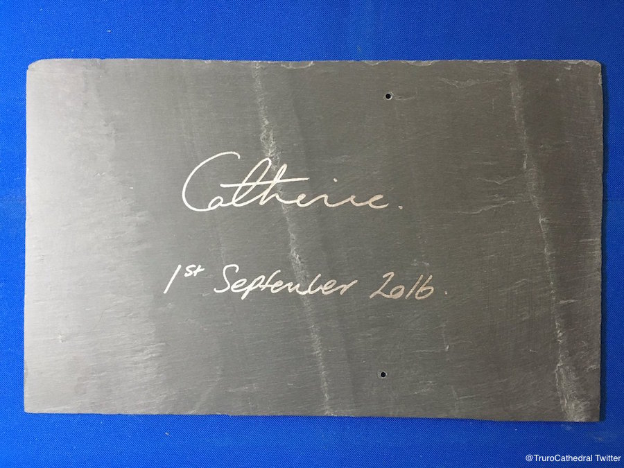 Catherine / Kate's signature on the "Sign a Slate" appeal at Truro Cathedral