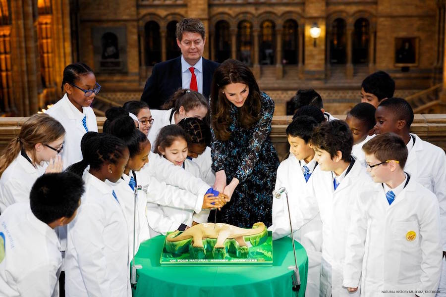 The Duchess helped the children cut a dinosaur cake
