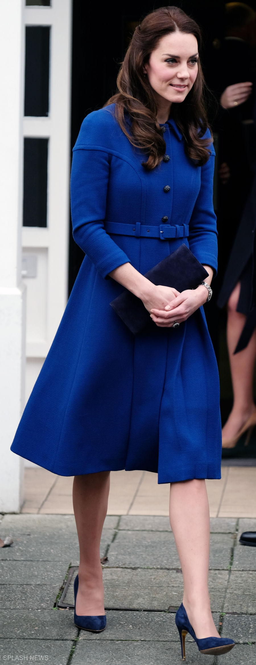 Kate wears blue Eponine London coat-dress in London