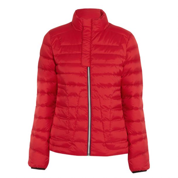 red fitted puffer coat