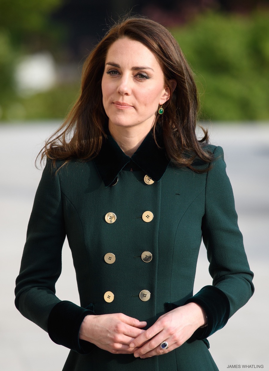 The Princess of Wales wears her green onyx and gold Siren earrings by Monica Vinader with a coordinating green outfit. 