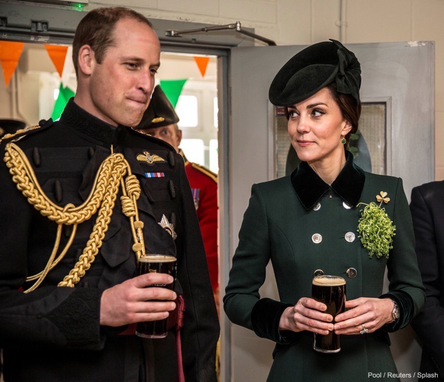 Britain's Prince William and Catherine, the Duchess of Cambridge, sit for an official photograph with warrant officers of the 1st Battalion Irish Guards following their St Patrick's Day parade at Cavalry Barracks, Hounslow on Friday, 17th March 2017.