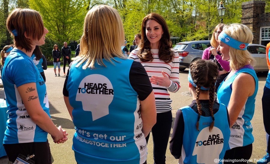 On the 19th of April 2017, Kate hosted Team Heads Together runners at Kensington Palace to wish them luck with preparing for the London Marathon. She revealed one of around 70 Royal Mail post boxes that will be wrapped with Heads Together headbands on the London Marathon route. 