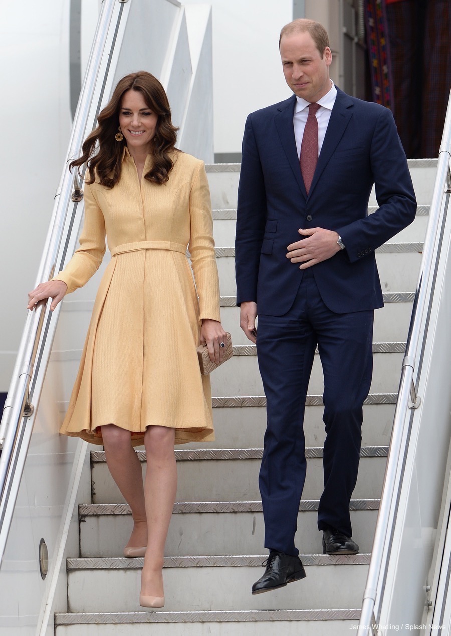 Kate Middleton arrives in Bhutan wearing a gold coat dress