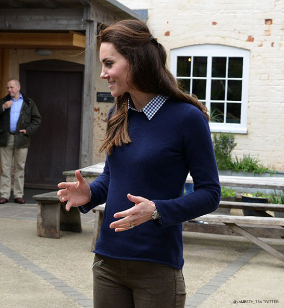 Kate Middleton wearing her blue JCrew sweater on the farm