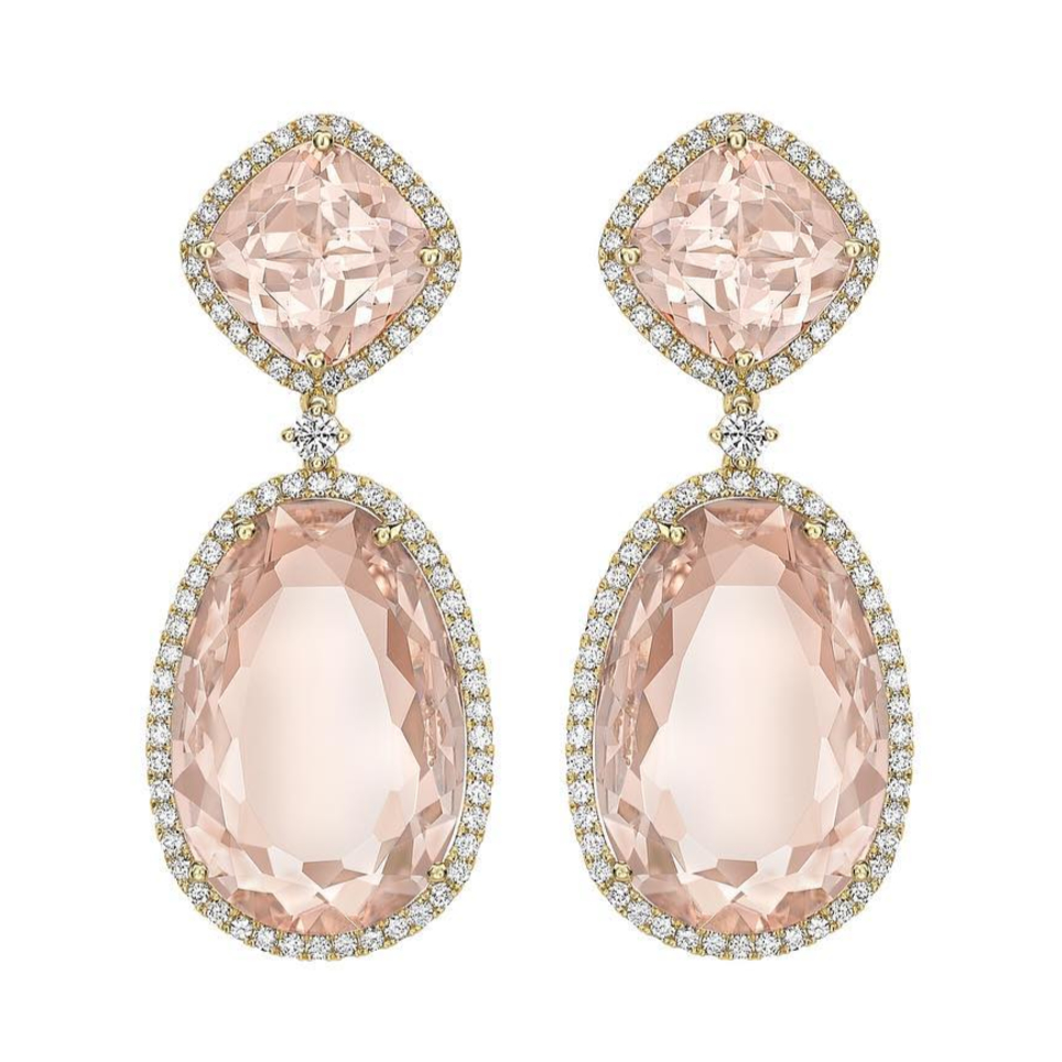 Cushion Morganite Drop Earrings with Diamond Accents | Angara