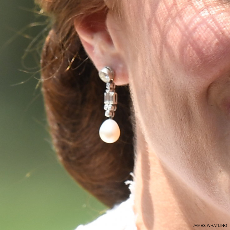 Kate Middleton wearing the Queen's pearl and diamond earrings during Ascot in 2017