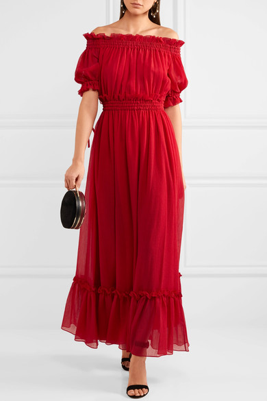 red maxi dress off the shoulder