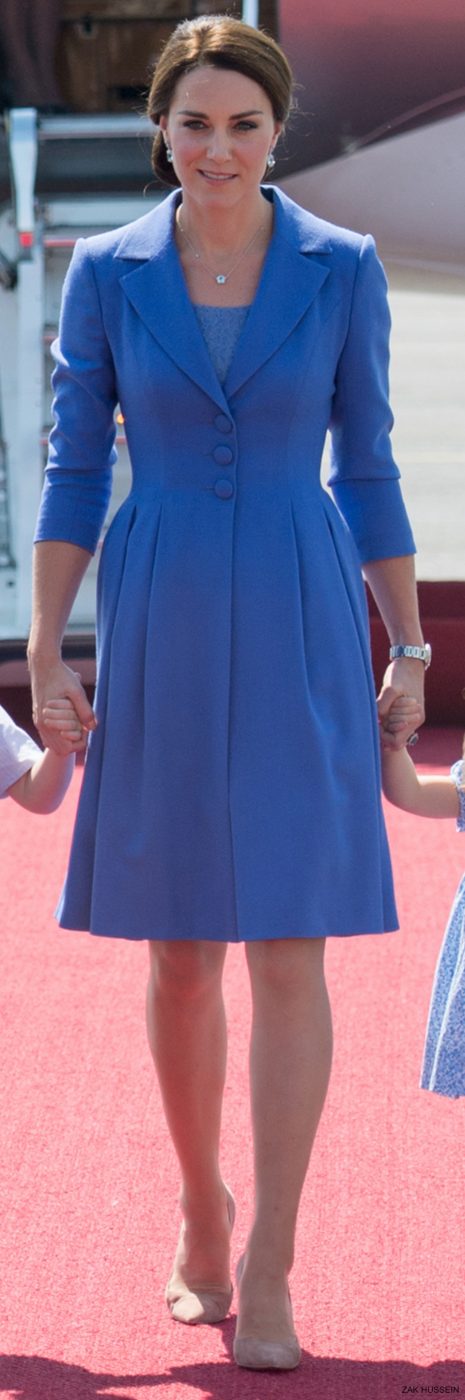 Kate Middleton wearing her cornflower blue Catherine Walker and Co coat dress in Berlin, Germany