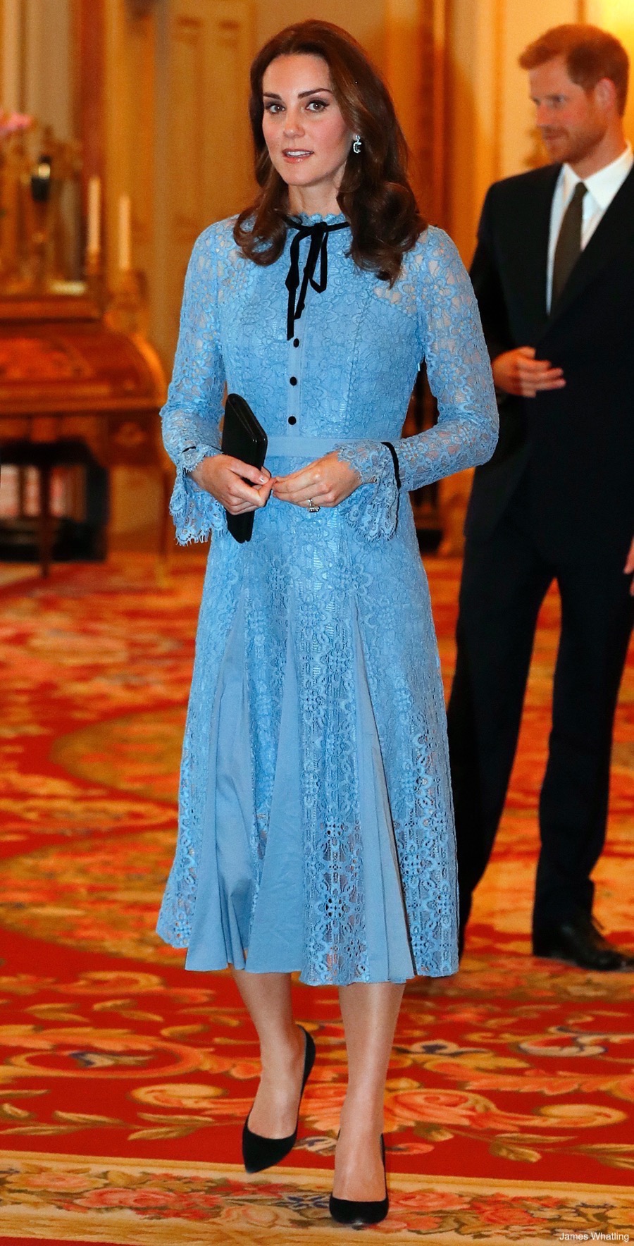 Kate Middleton wearing the blue lace Temperley London Eclipse dress at a mental health reception at Buckingham Palace