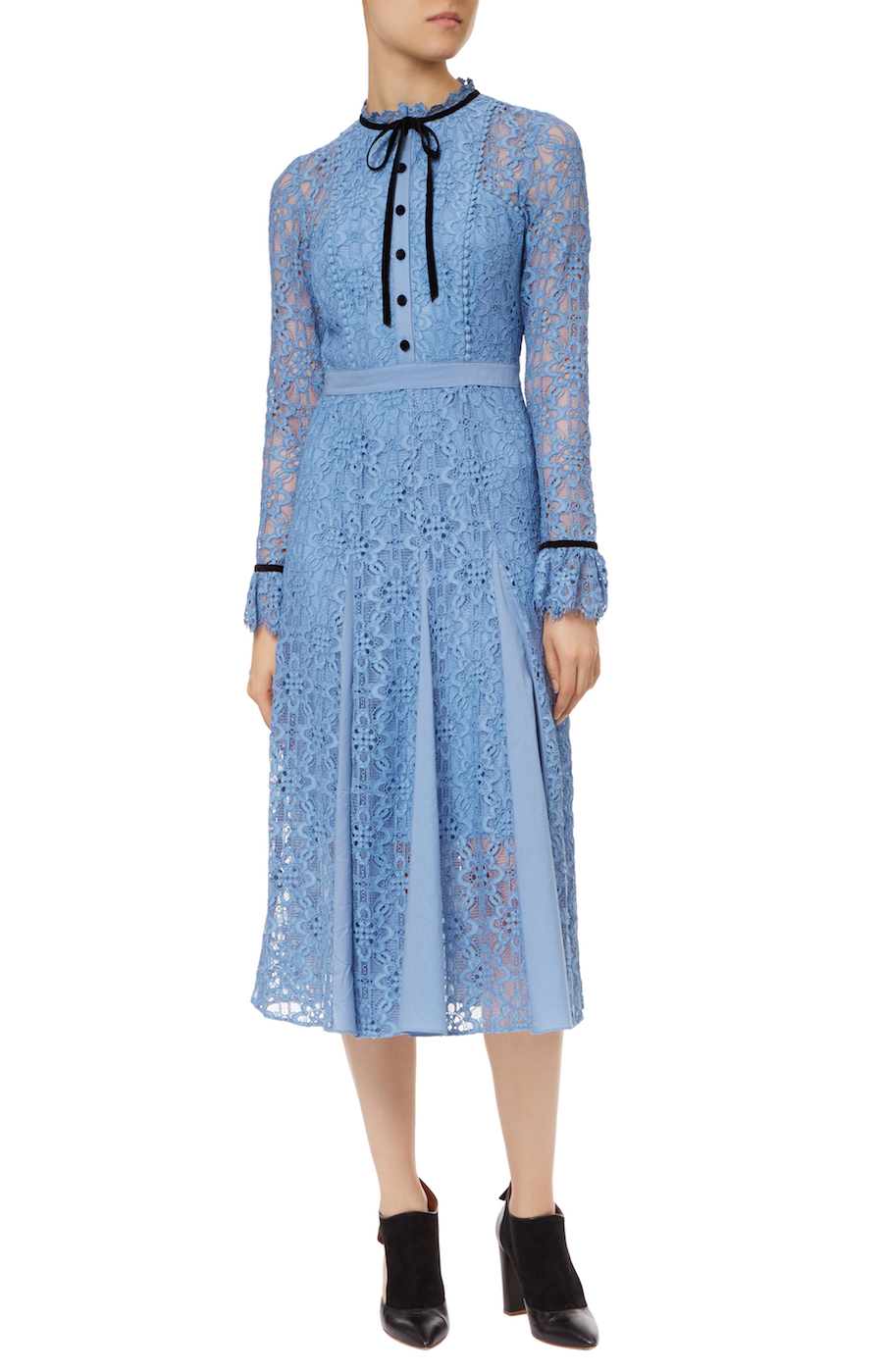 Temperley London IRIS Eclipse Dress in powder blue lace with black trim neck tie