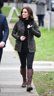 Kate Middleton wearing a Barbour Coat and Penelope Chilvers boots at Robin Hood School in London