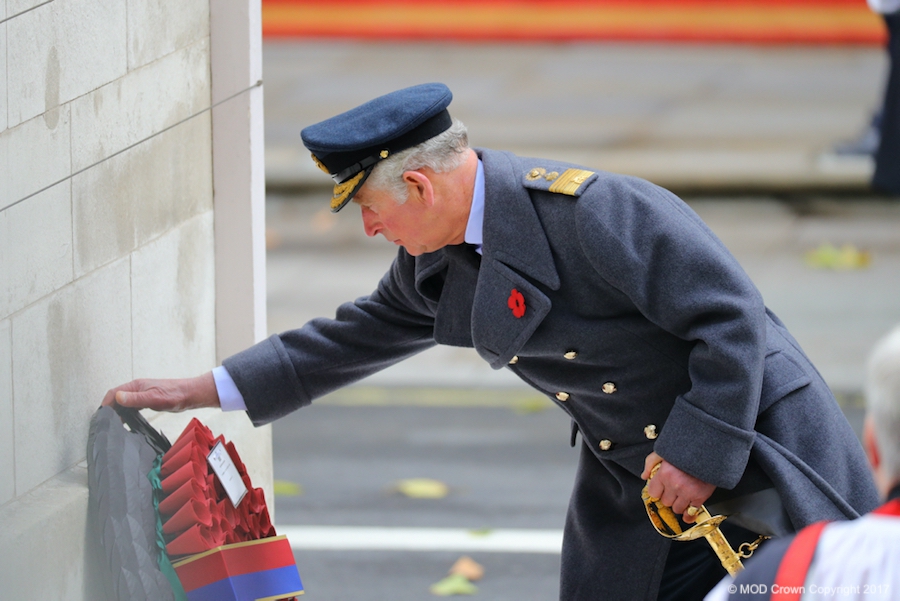 Prince Charles laying a wreath at the Cenotaph on behalf of the Queen