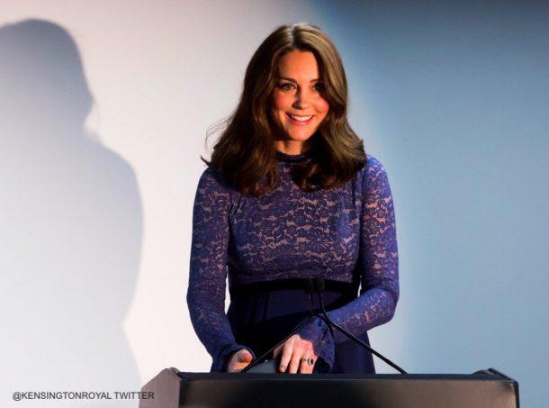 Kate Middleton visits Place2Be headquarters. She wore the Seraphine Maternity "Marlene" blue lace dress for the event