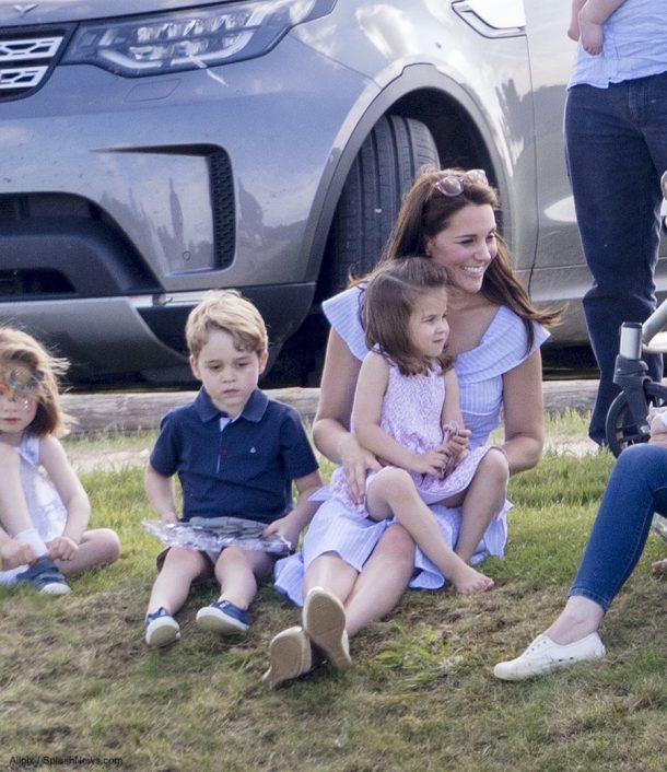 The Duchess of Cambridge (Kate Middleton) at the charity polo match with Prince George and Princess Charlotte in June 2018.