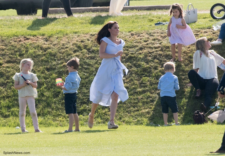 Kate running around with her children at the charity polo match