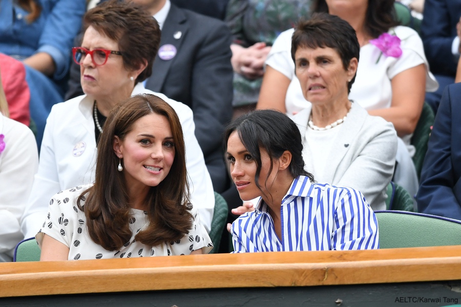 The Duchess of Cambridge (Kate Middleton) and the Duchess of Sussex (Meghan Markle) at Wimbledon 2018