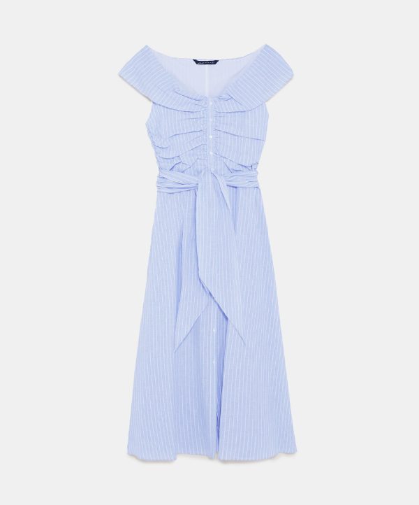 Zara blue striped off-shoulder dress