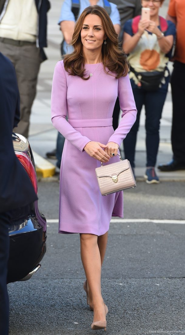 Kate Middleton's outfit at the mental health summit in Oct 2018. Duchess Kate wore the purple dress in Hamburg, Germany last year too.