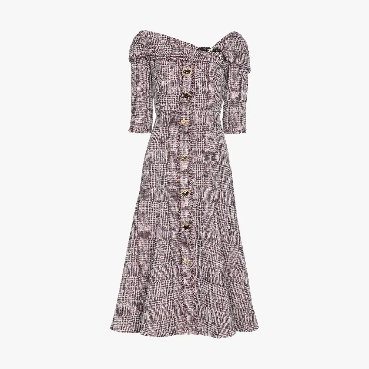 Erdem Iman Dress In Burgundy and Purple Check Tweed