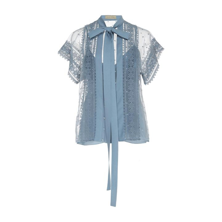 Blue pussybow blouse by Elie Saab. From the resort 2019 collection.