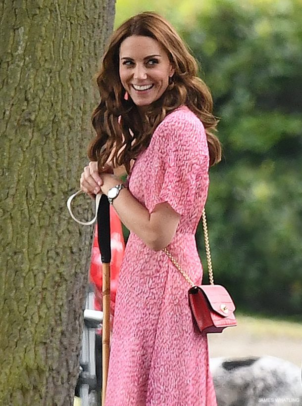 Kate middleon looks pretty in pink LK Bennett Madison dress as she attends a polo match with her three children