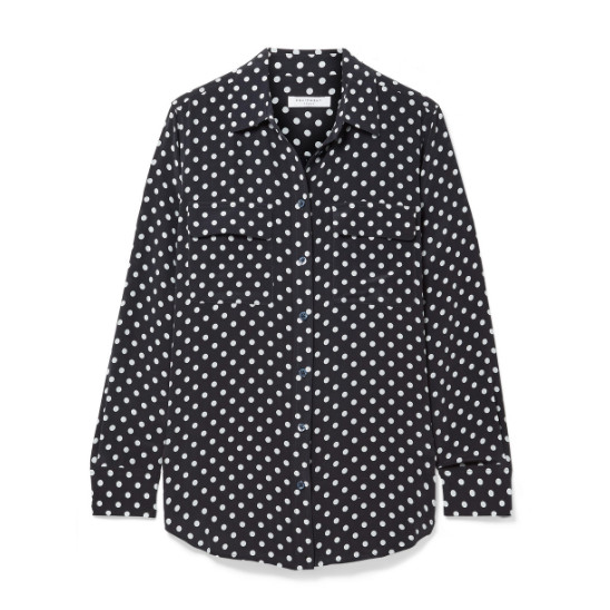 white blouse with black dots