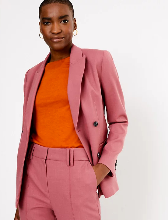 pink blazer pant suit