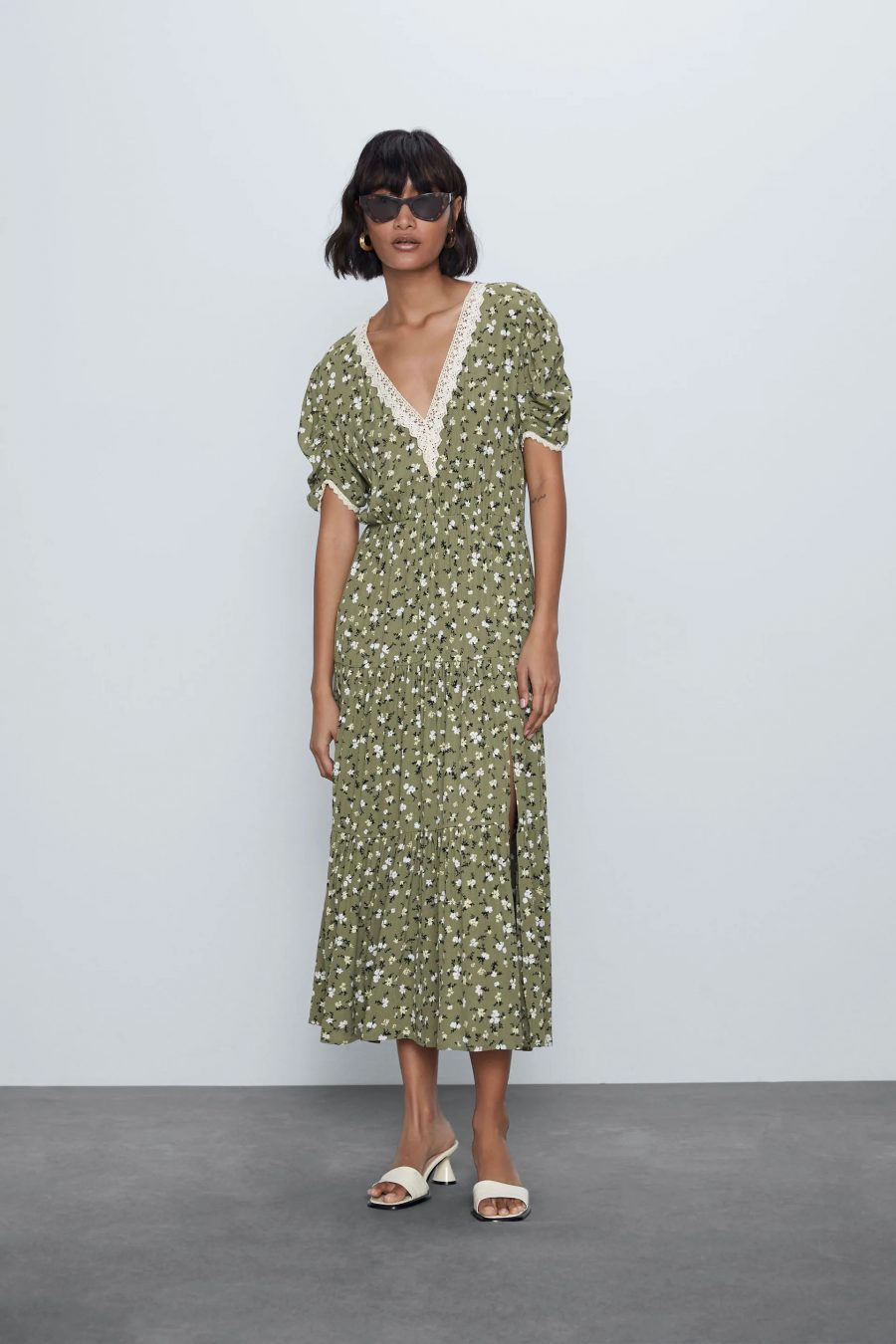 green and white floral dress zara