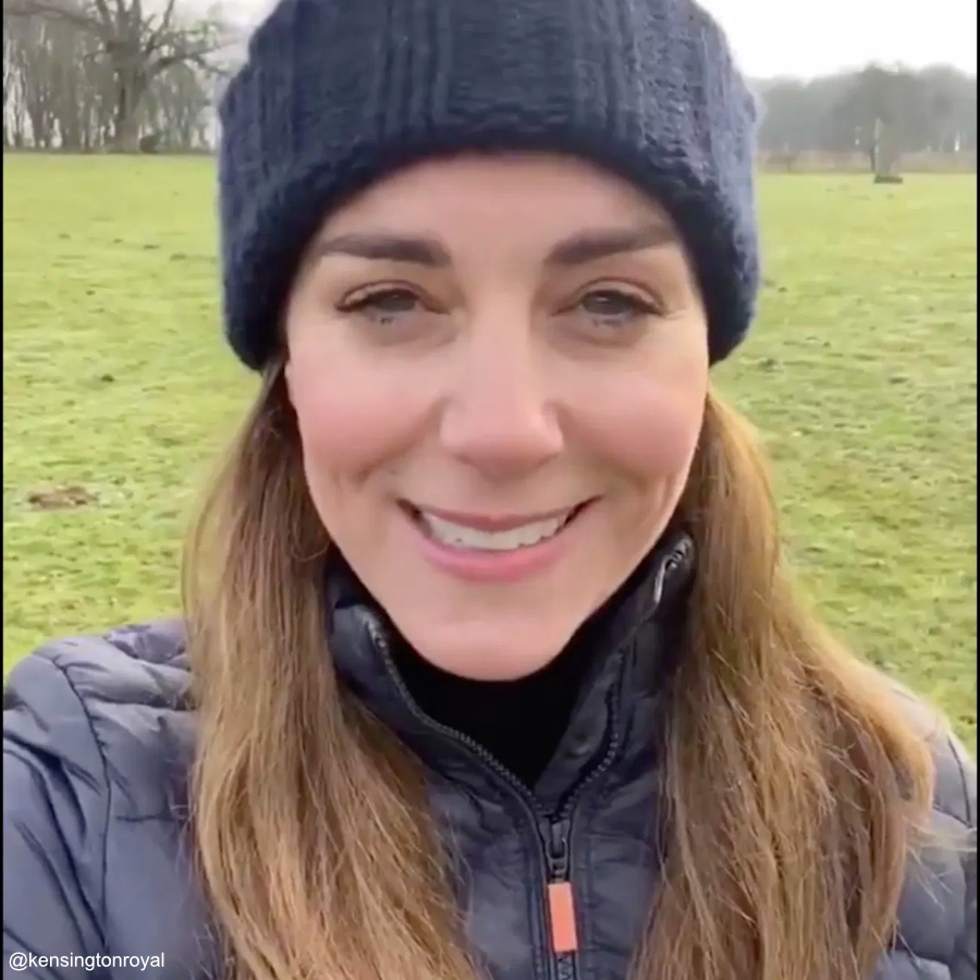 Kate Middleton outdoors, in a hat, wearing the Barbour Longshore jacket.