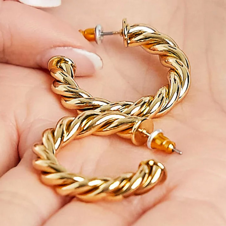 14K Yellow Gold Polished Square Twisted Hoop Earrings