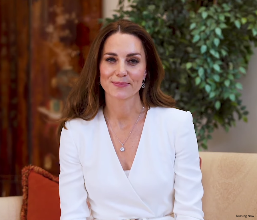 Kate repeats white McQueen coat dress for Nursing Now video