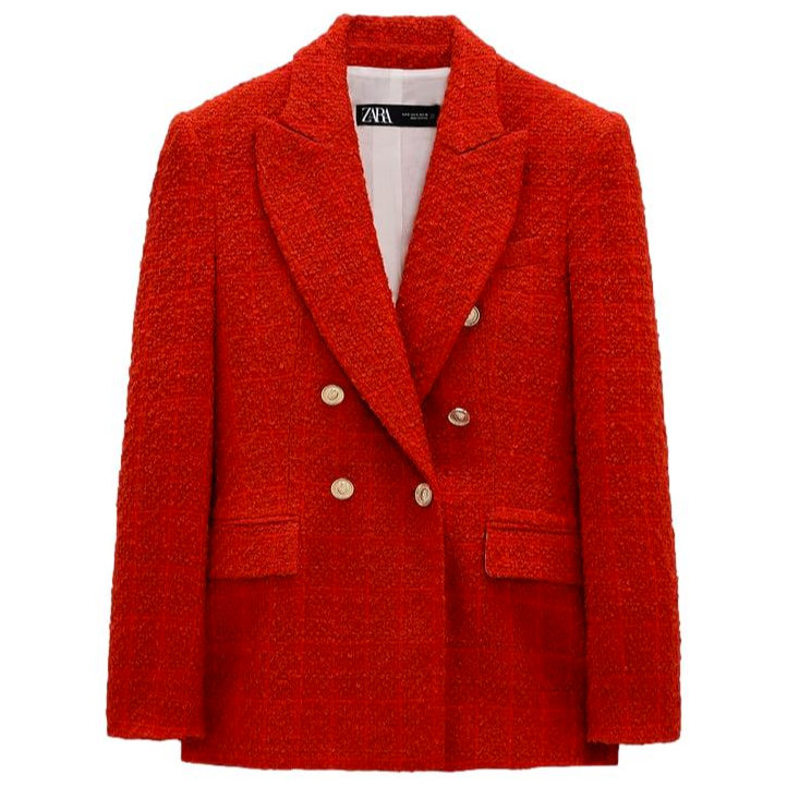 Red double breasted blazer with subtle check.  Zara label on necklace. 