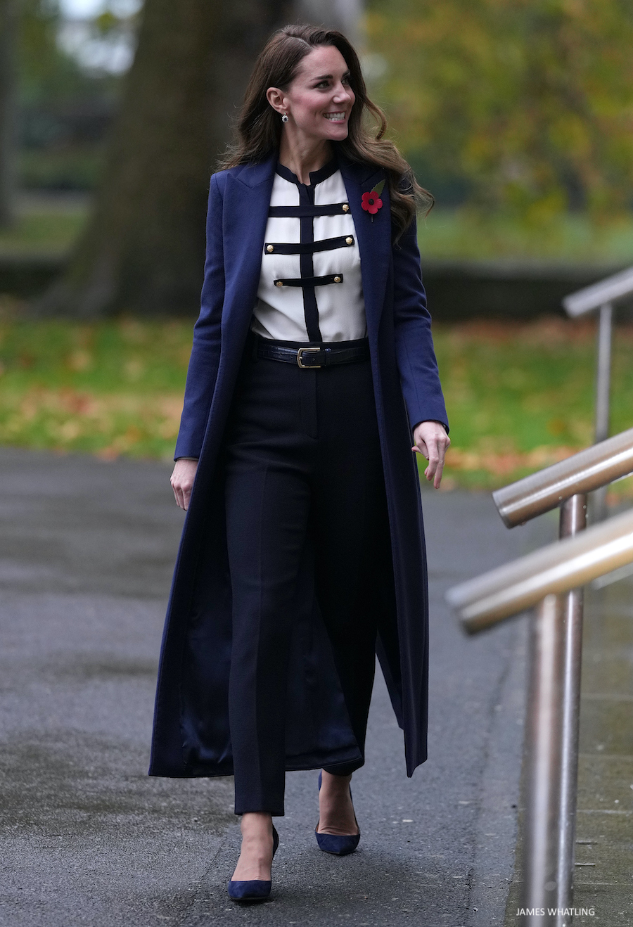 Kate Middleton's military blouse and long, open coat are perfection.  What a combo! 