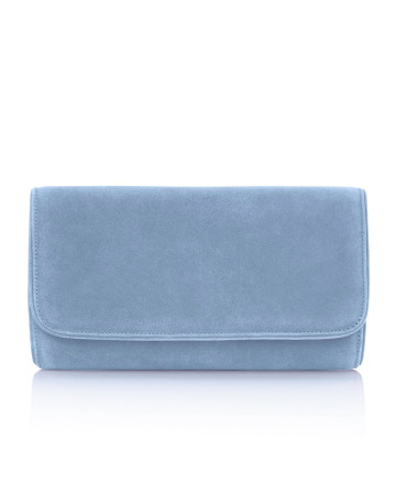 Close-up of the Emmy London Natasha clutch in Power Blue suede, showing its structured flap-front design and soft suede texture.

