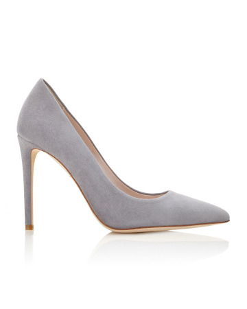 Side profile of the Emmy London Rebecca court shoe in steel grey suede, highlighting the sharp pointed toe and 105mm (4.2-inch) straight heel.

