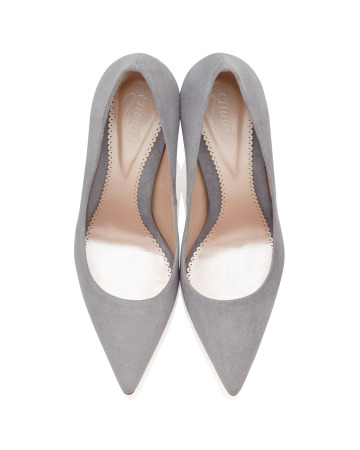 Top-down view of the Emmy London Rebecca court shoes in steel grey suede, showcasing the elegant pointed toe and luxurious leather lining.

