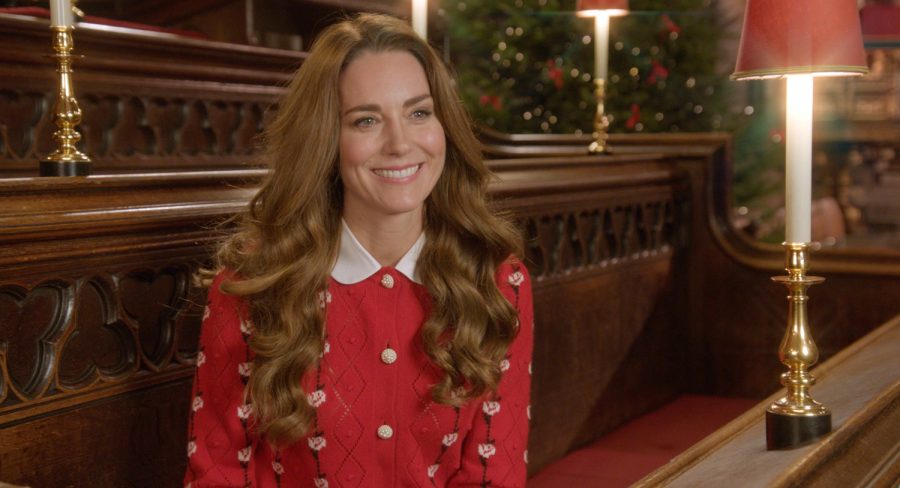 The Duchess of Cambridge in her red Miu Miu cardigan during the carol concert