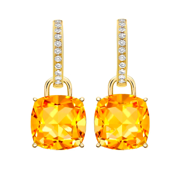 Stock photo of the gold and citrine cushion cut gemstone earrings