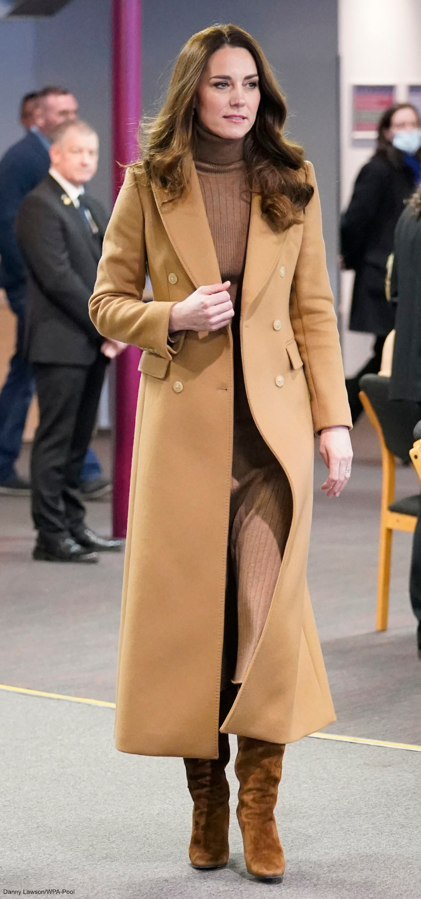 Kate Middeton's outfit in Lancashire 2022 - camel coat & matching skirt