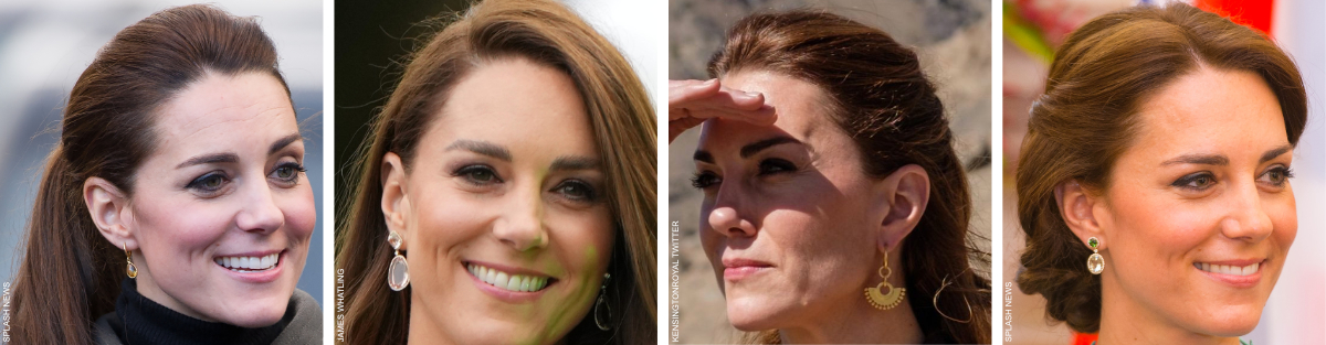 Kate Middleton wearing three different pairs of earrings: three by Kiki McDonough and one by Missoma.